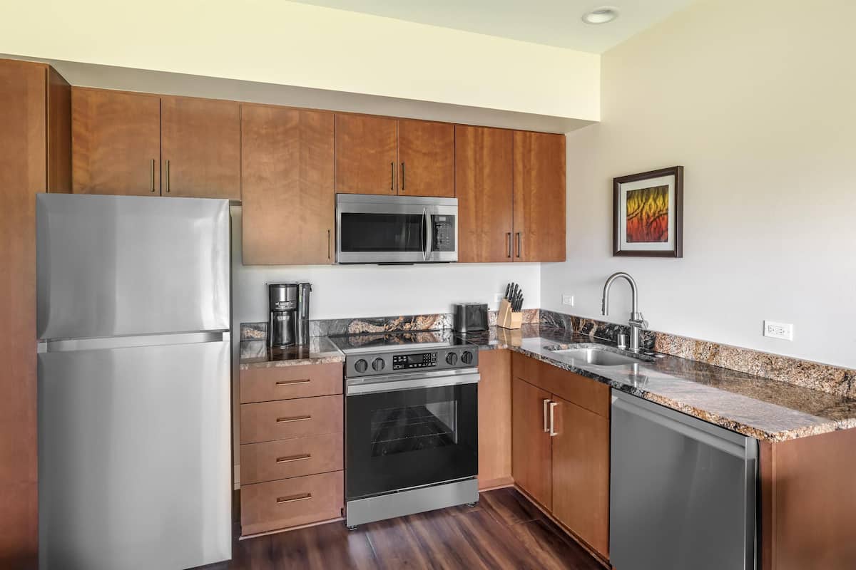 fridge, microwave, stovetop, dishwasher