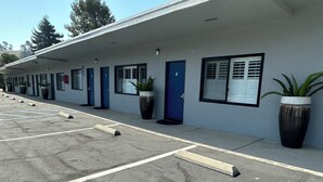 A row of hotel rooms with numbered doors, large potted plants, and a parking lot with marked spaces.