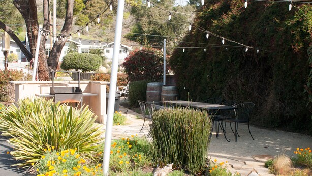 An outdoor patio area with a table and chairs, surrounded by various plants and flowers.