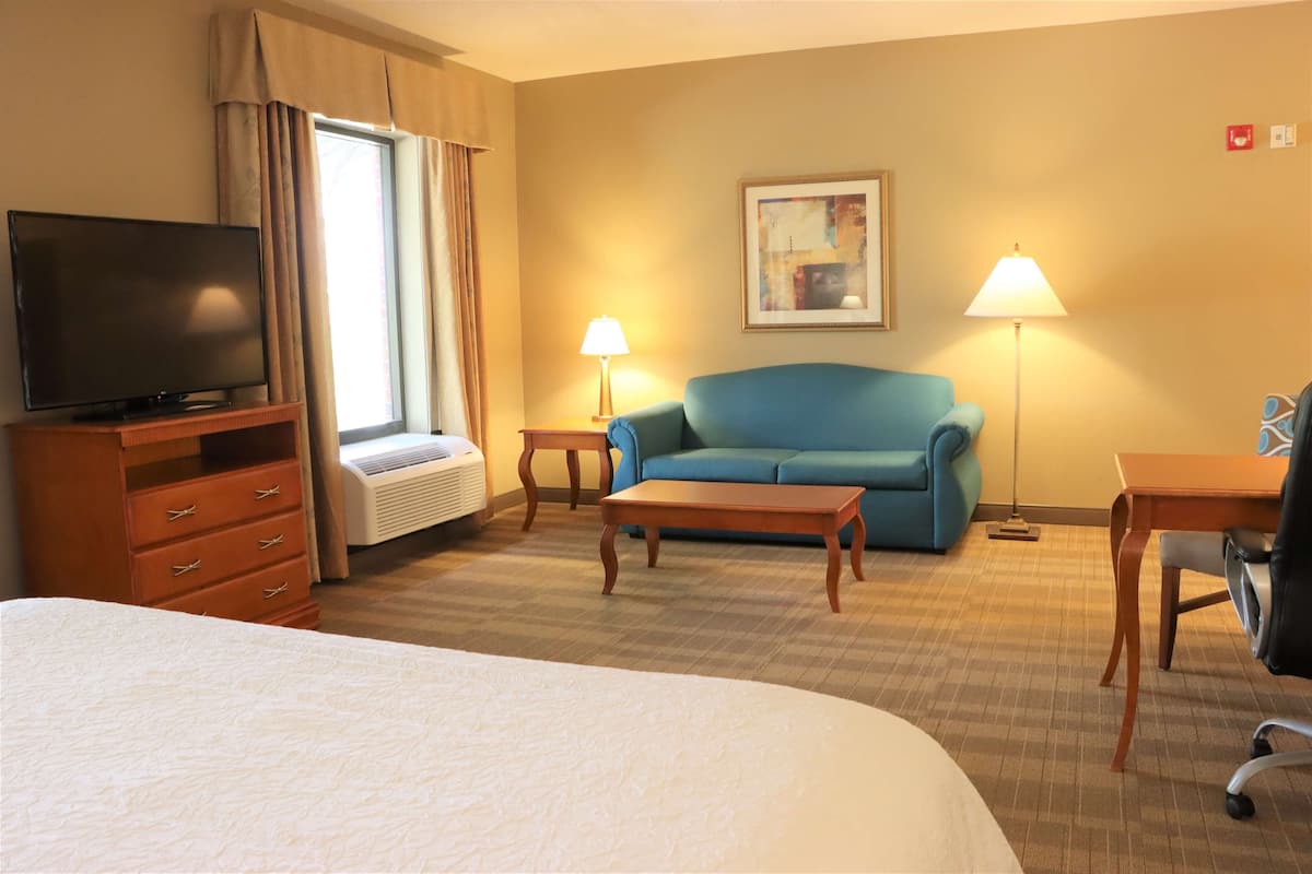 A hotel room with a bed, a television, a sofa, a coffee table, a desk, and two lamps.