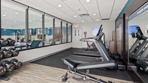 A gym with treadmills, dumbbells, and exercise equipment.