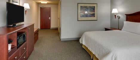 Habitación de hotel con una cama, un televisor en una cómoda, un cuadro en la pared y una puerta que da a otra habitación.