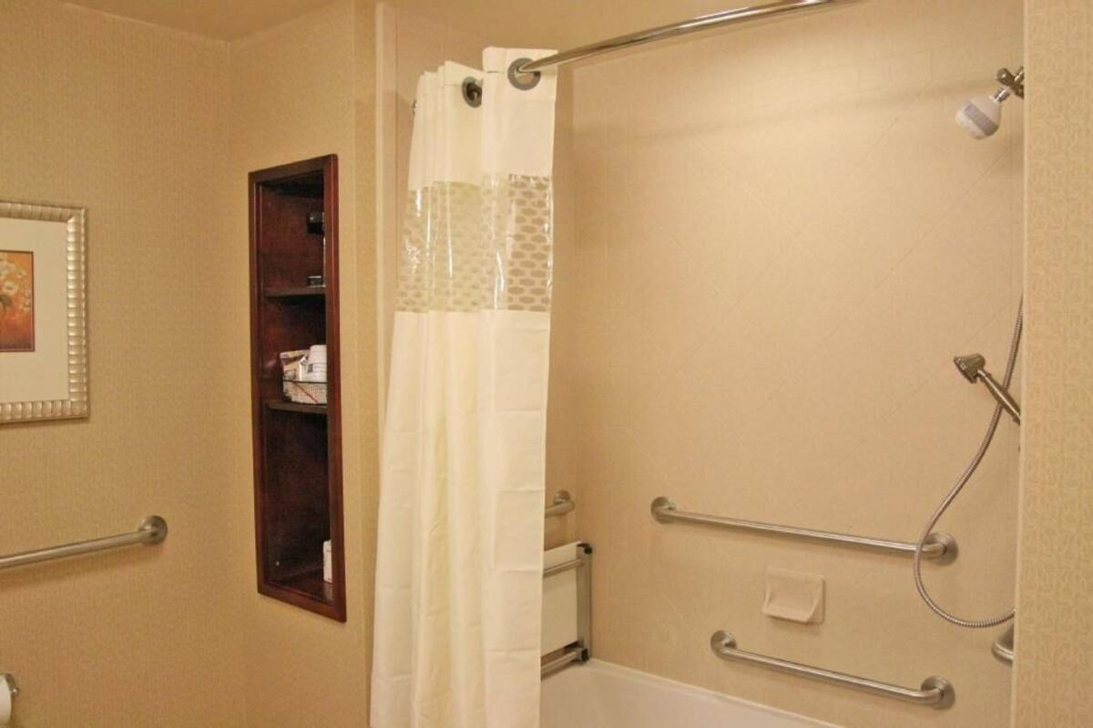 A bathroom with a shower, a toilet, and a shelf with toiletries.