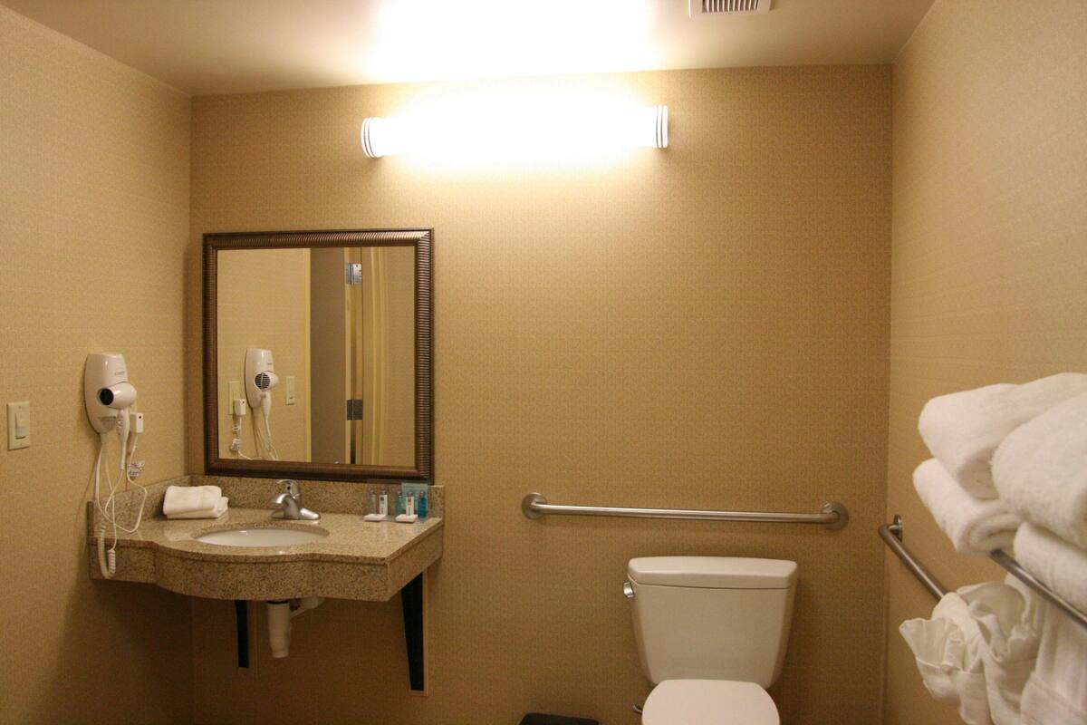 A bathroom with a sink, mirror, hair dryer, towel rack, and toilet.