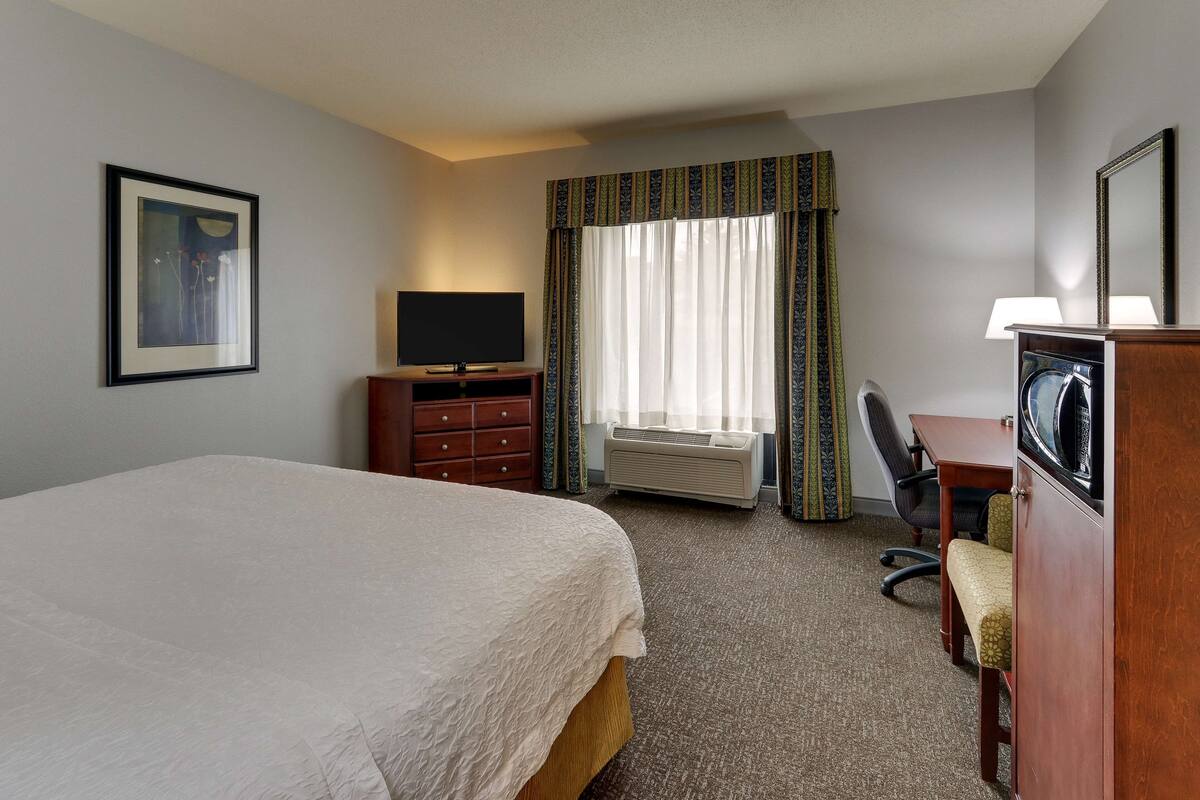 A hotel room with a bed, a desk, a chair, a television, a mirror, and a window with curtains.