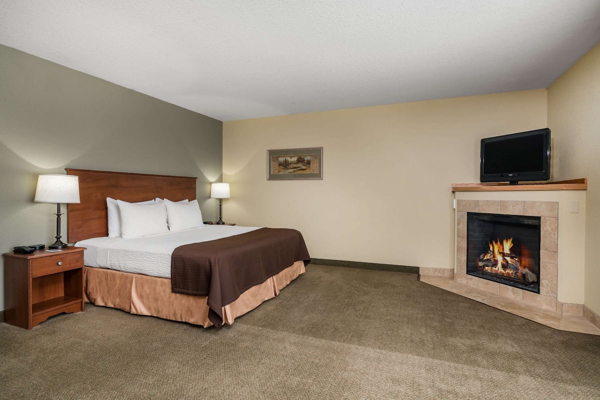 Una habitación de hotel con cama, mesitas de noche, televisión y chimenea.