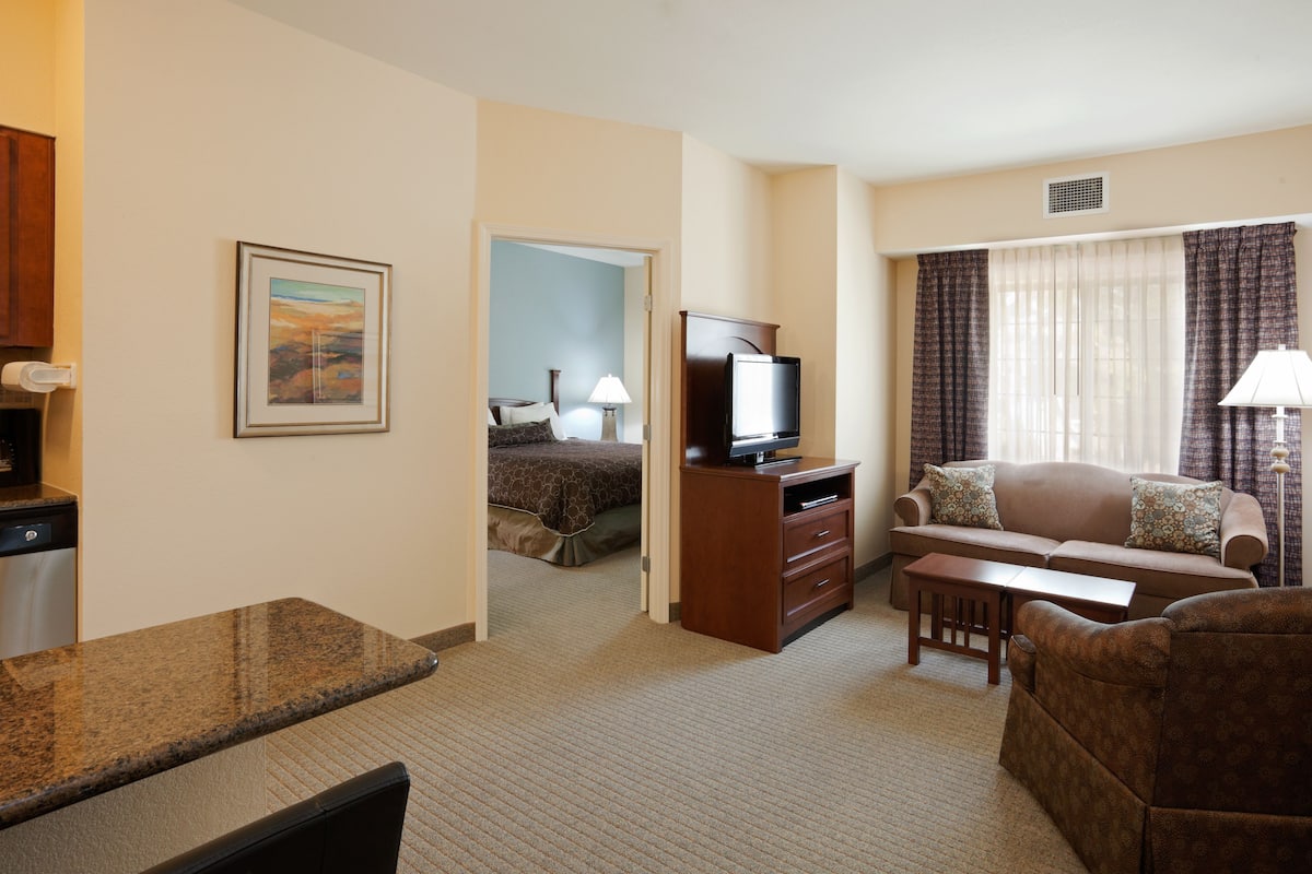 1 bedroom, desk, blackout curtains, iron/ironing board