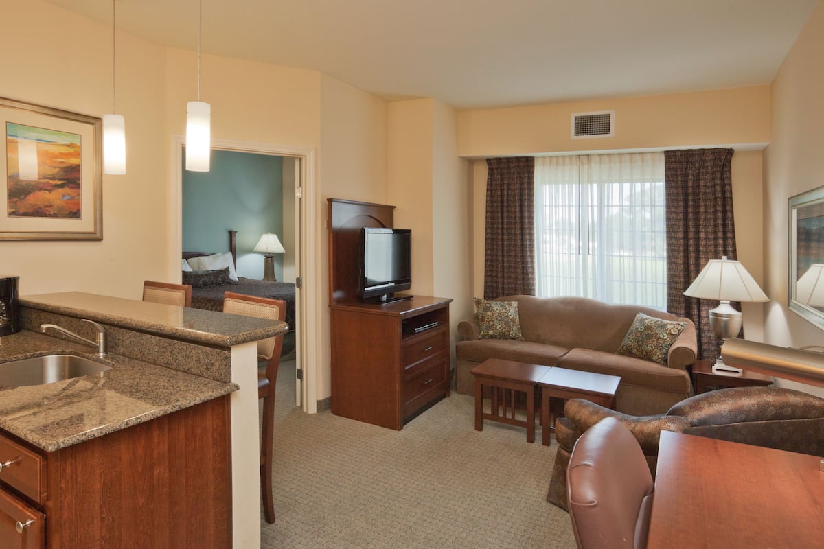 1 bedroom, desk, blackout curtains, iron/ironing board