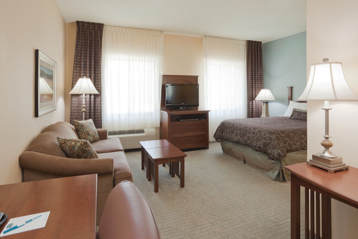 1 bedroom, desk, blackout curtains, iron/ironing board