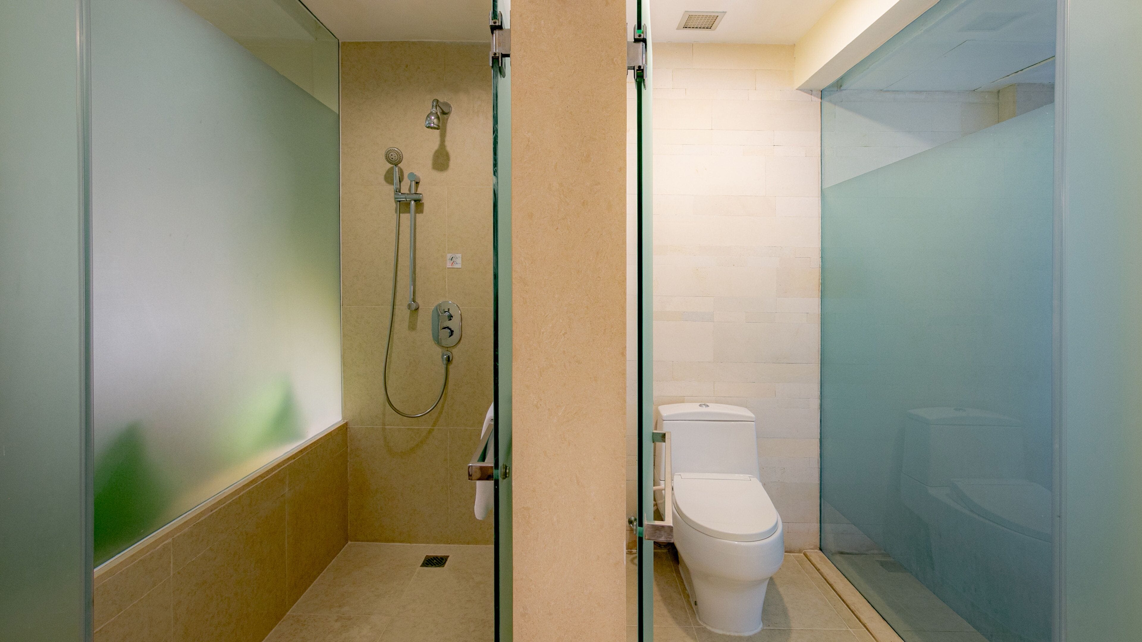 A modern bathroom with a glass shower enclosure, a toilet, and a sink.