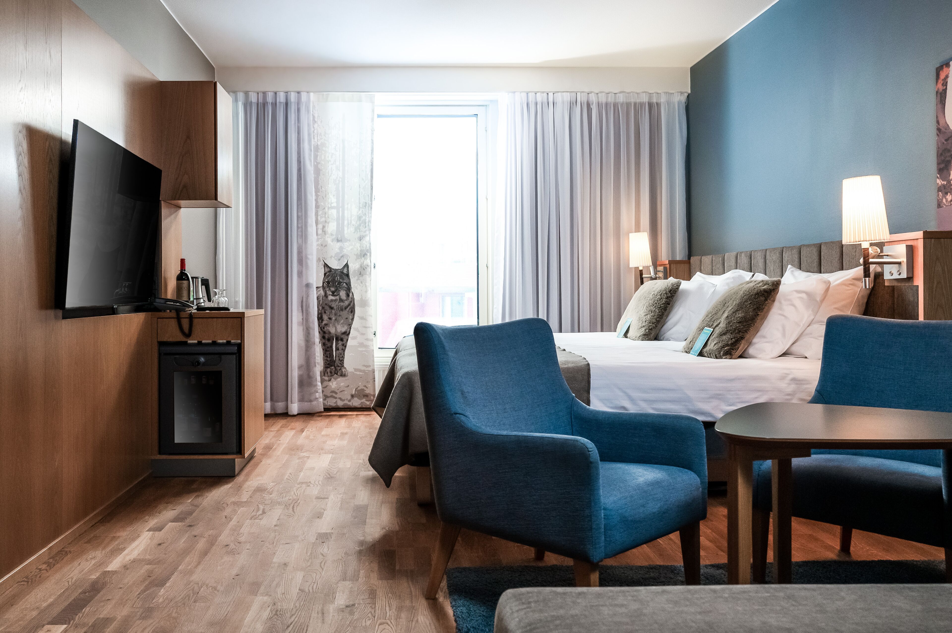 Ein Hotelzimmer mit Bett, Schreibtisch, Stuhl, Fernseher und einer Katze.
