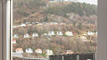 A view of a hillside with houses, a building on top, and a window frame in the foreground.