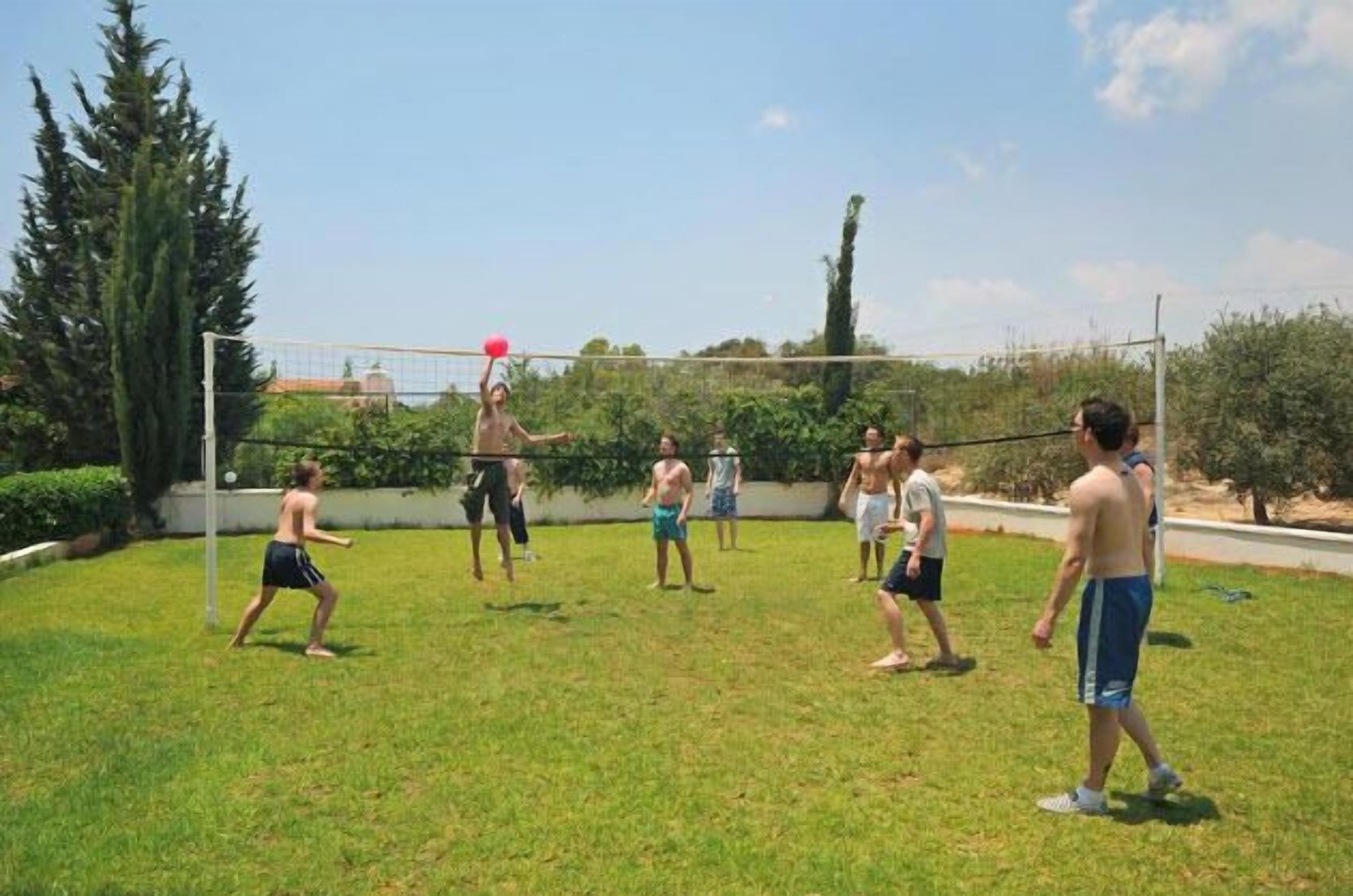 A group of people playing volleyball in an outdoor setting with a net, trees, and a clear sky.