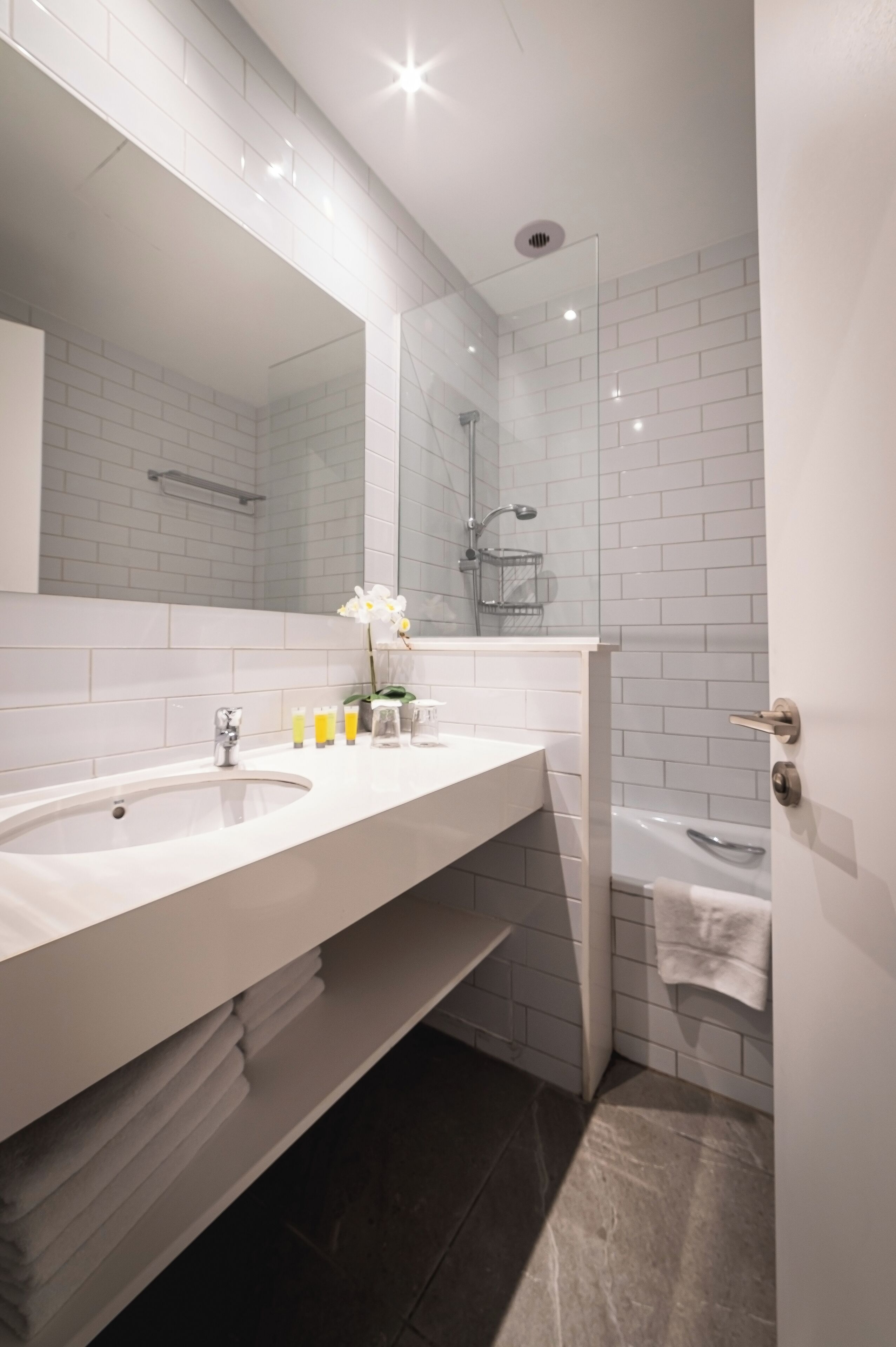 hair dryer, towels, soap, toilet paper