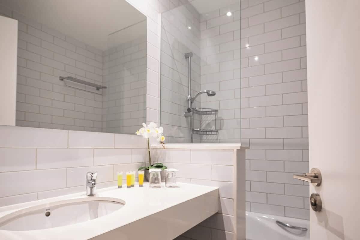 hair dryer, towels, soap, toilet paper