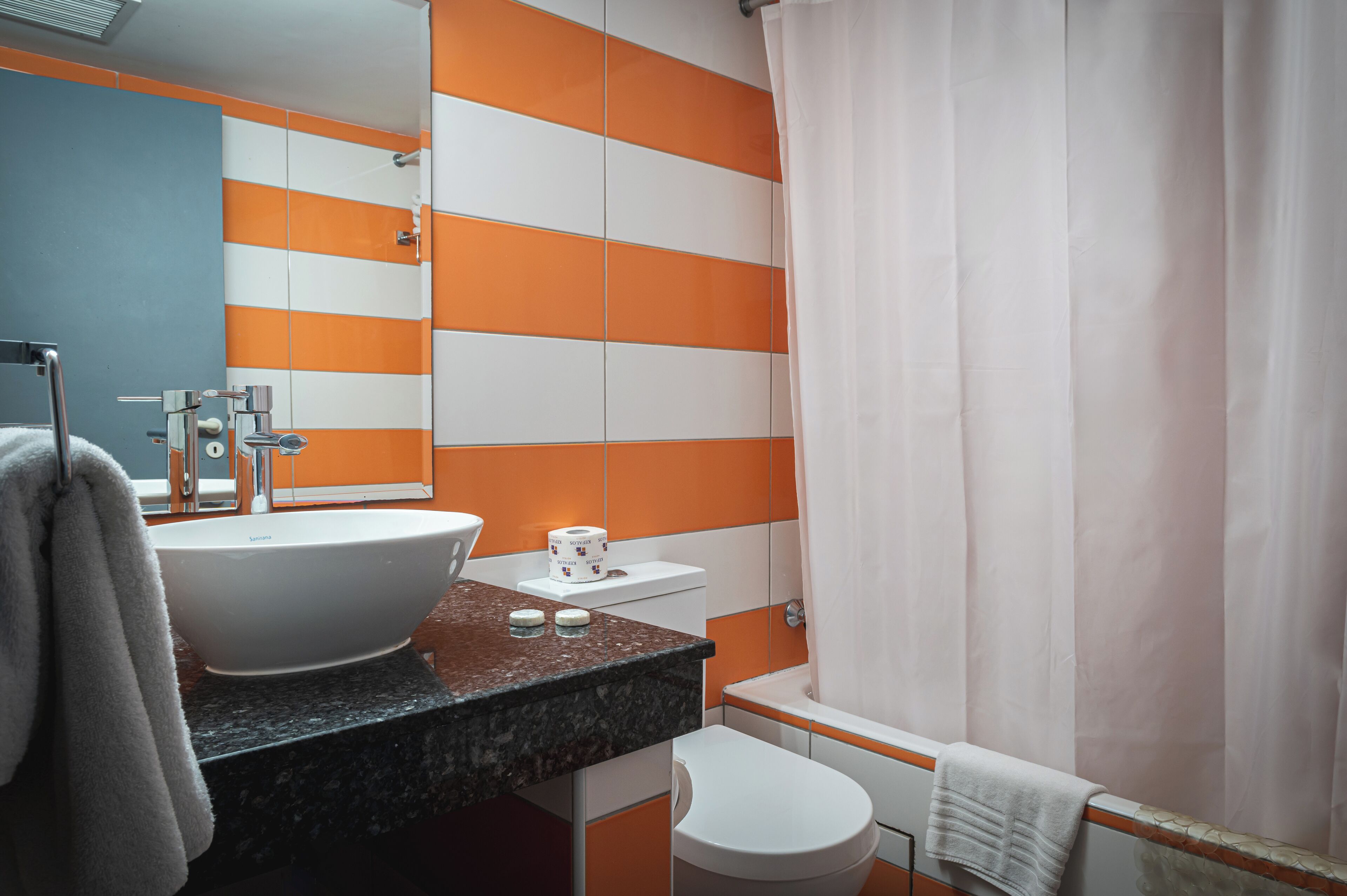 Un bagno con un lavandino bianco ampio, un water e una tenda da doccia.