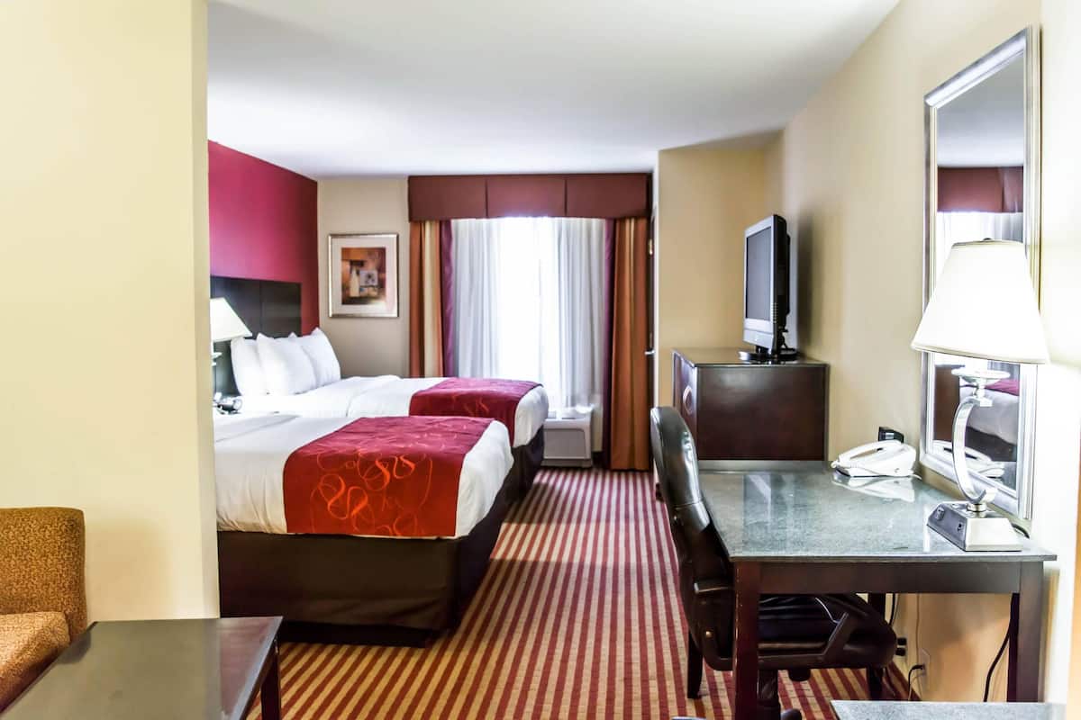 A hotel room with two beds, a desk, a chair, a TV, a lamp, and a mirror.