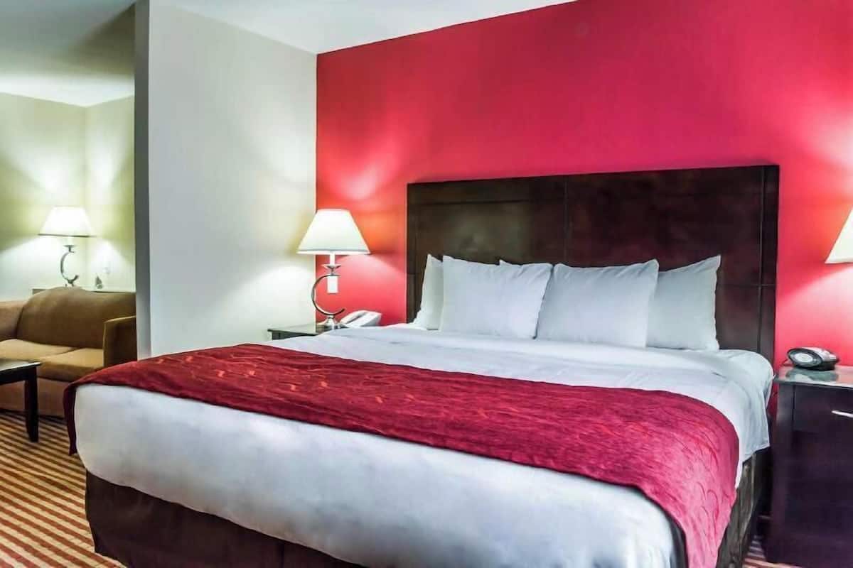 Une chambre d’hôtel avec un grand lit, deux tables de chevet avec des lampes, un mur d’accent rouge et un canapé marron.