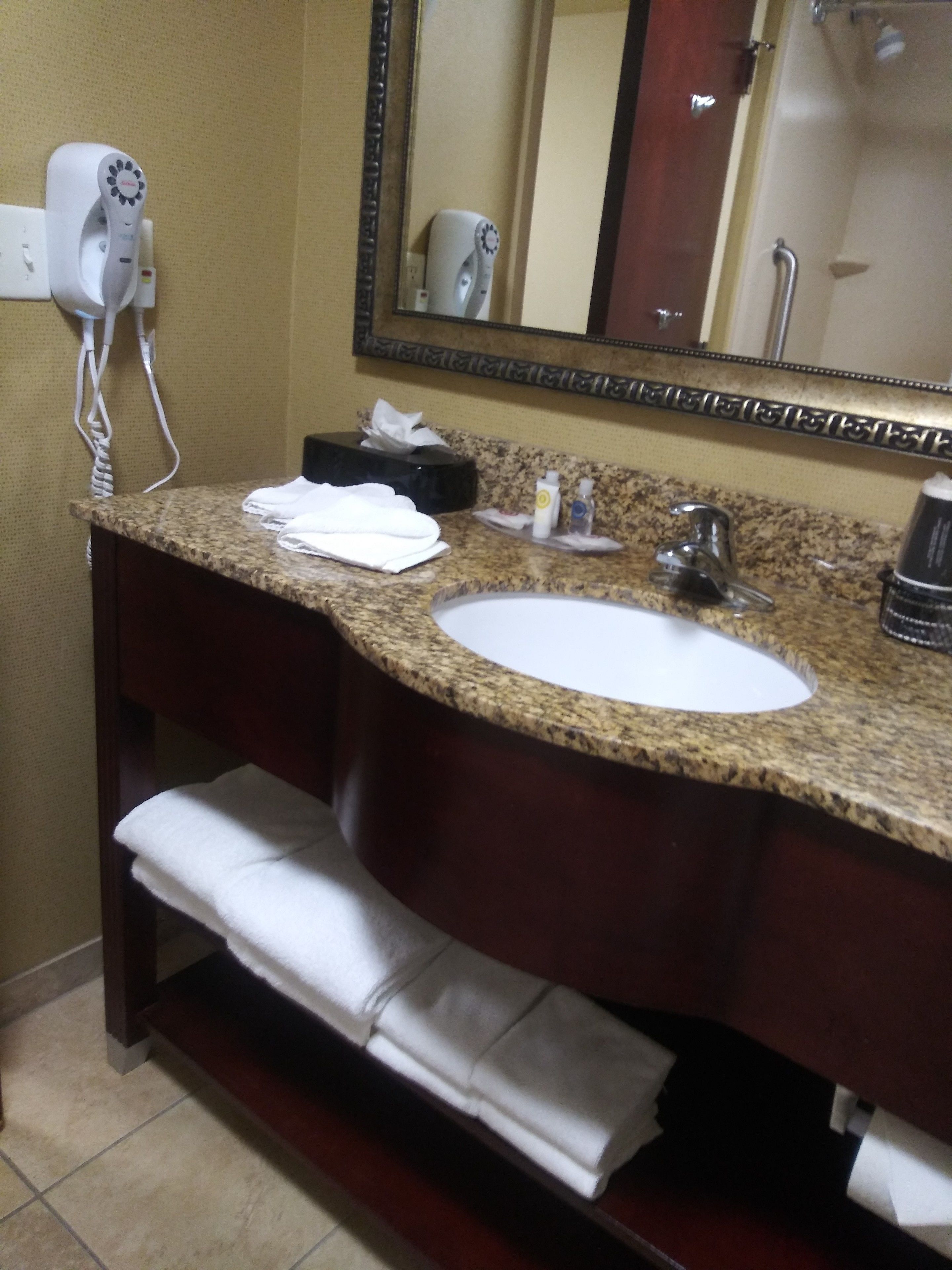 combined shower/bathtub, free toiletries, hair dryer, towels