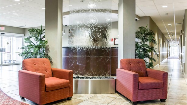 A hotel lobby with a reception desk, two armchairs, a water feature, and potted plants. - Comfort Suites Palm Bay - Melbourne (Palm Bay)