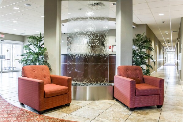 A hotel lobby with a reception desk, two armchairs, a water feature, and potted plants. - Comfort Suites Palm Bay - Melbourne (Palm Bay)