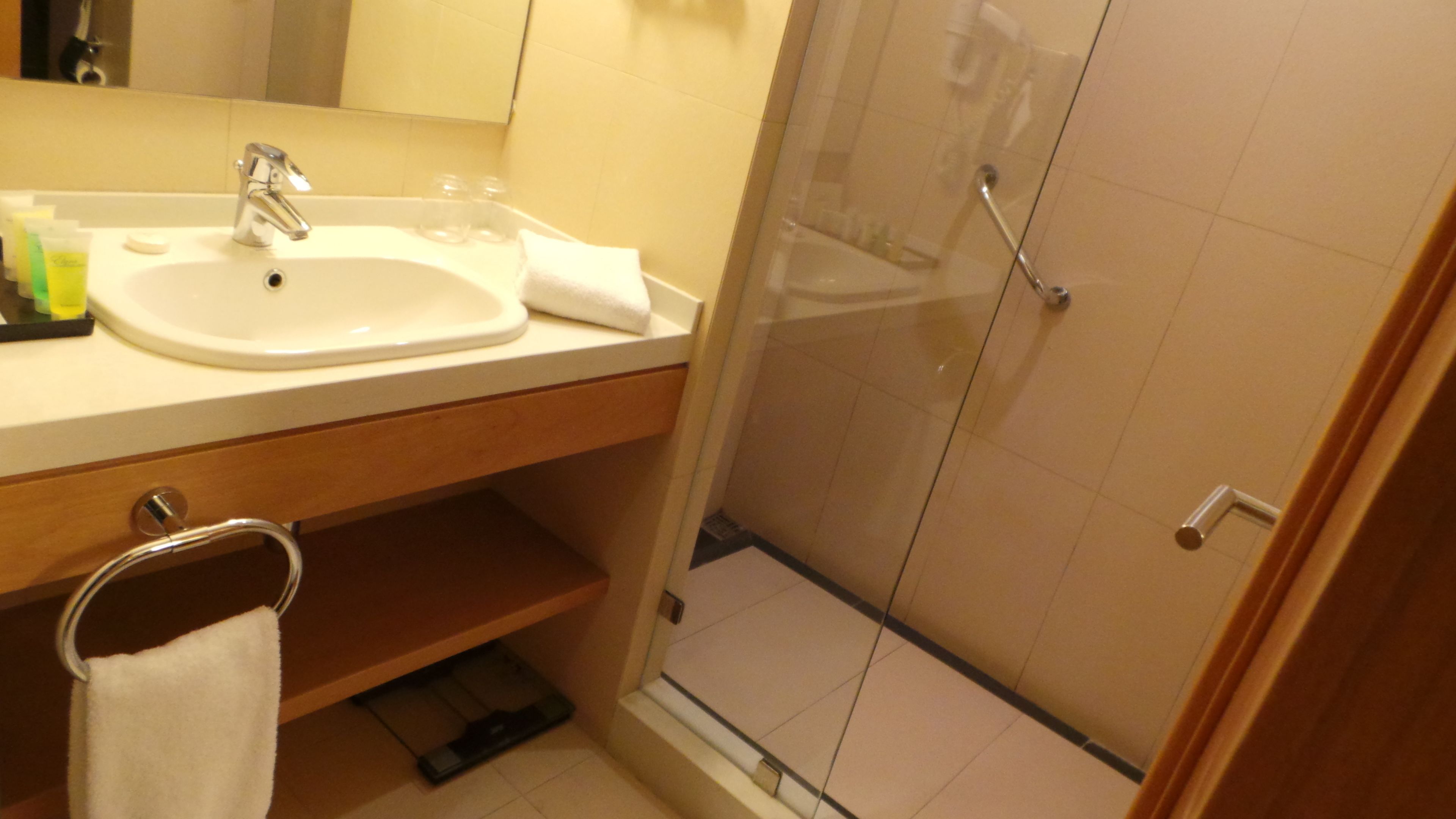 A bathroom with a sink, mirror, and shower.