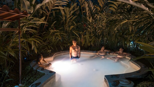 A hot tub surrounded by tropical plants at night. - Casa Luna Hotel & Spa (La Fortuna)