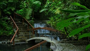 A stone bridge over a pond with a waterfall in the background, surrounded by lush greenery. - Casa Luna Hotel & Spa (La Fortuna)