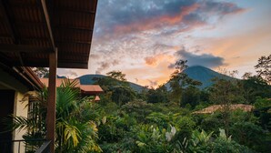 A lush garden with tropical plants and a mountain in the background. - Casa Luna Hotel & Spa (La Fortuna)