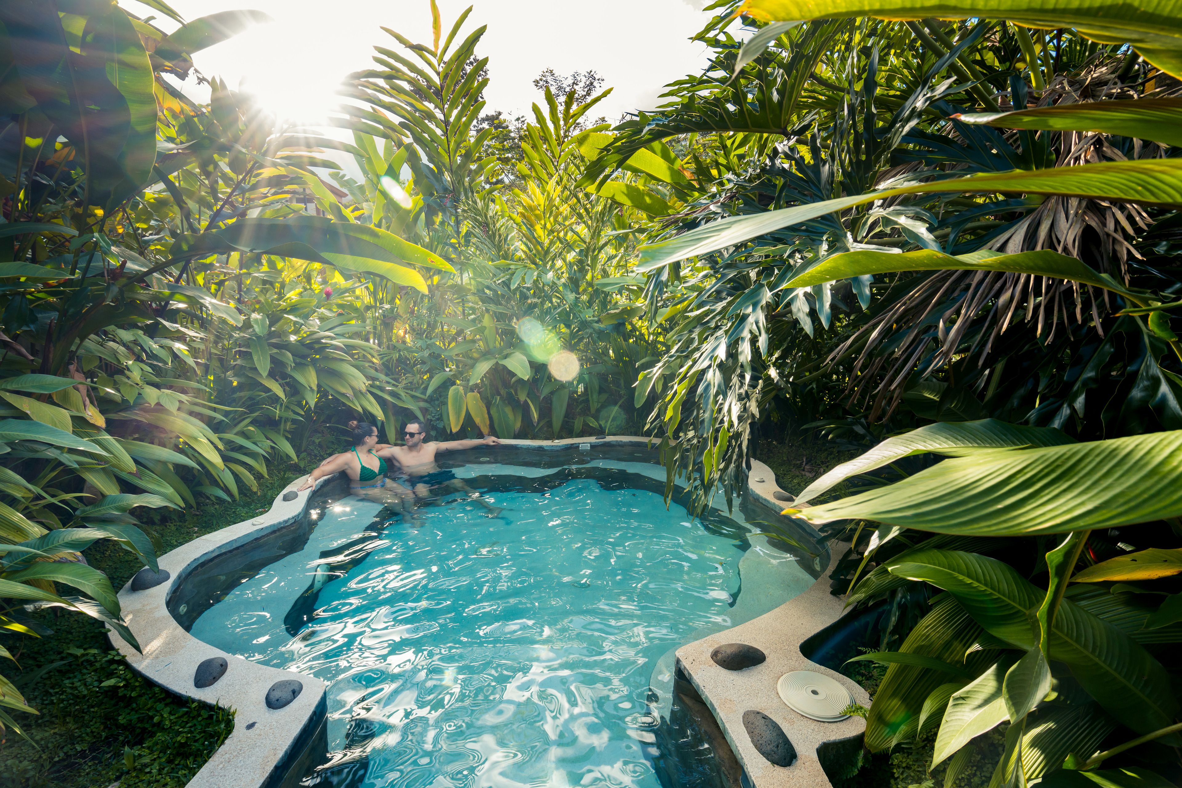 Un bain à remous entouré d’une végétation tropicale luxuriante.