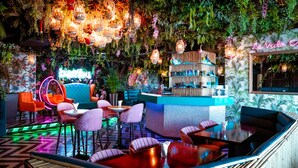 A vibrant indoor space with a bar area, seating arrangements, and decorative hanging plants. - Cristal Hotel Abu Dhabi (Abu Dhabi)