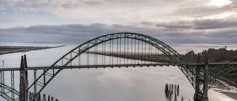 A large steel bridge spanning a wide river with a curved arch design.