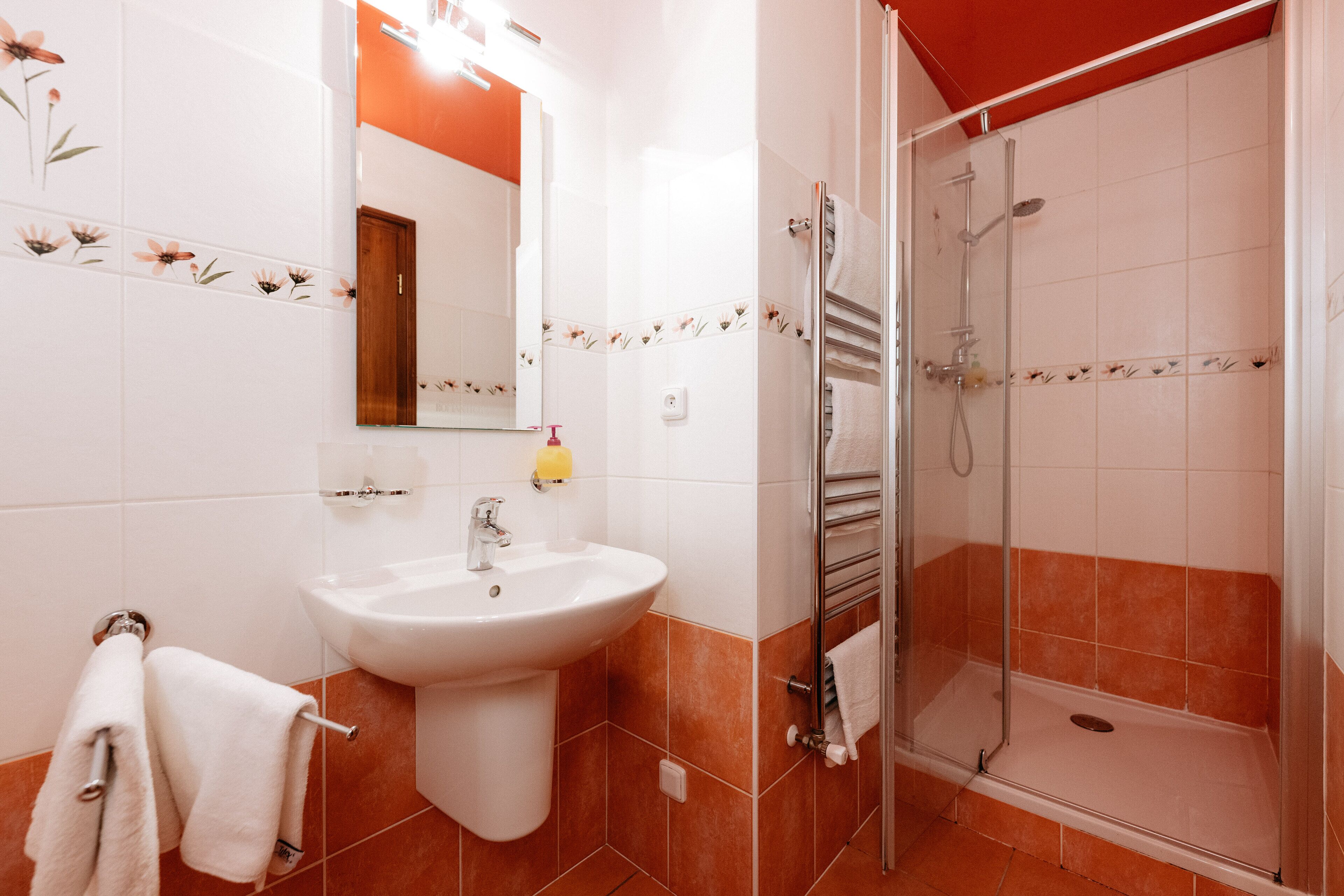 A bathroom with a sink, mirror, and shower.