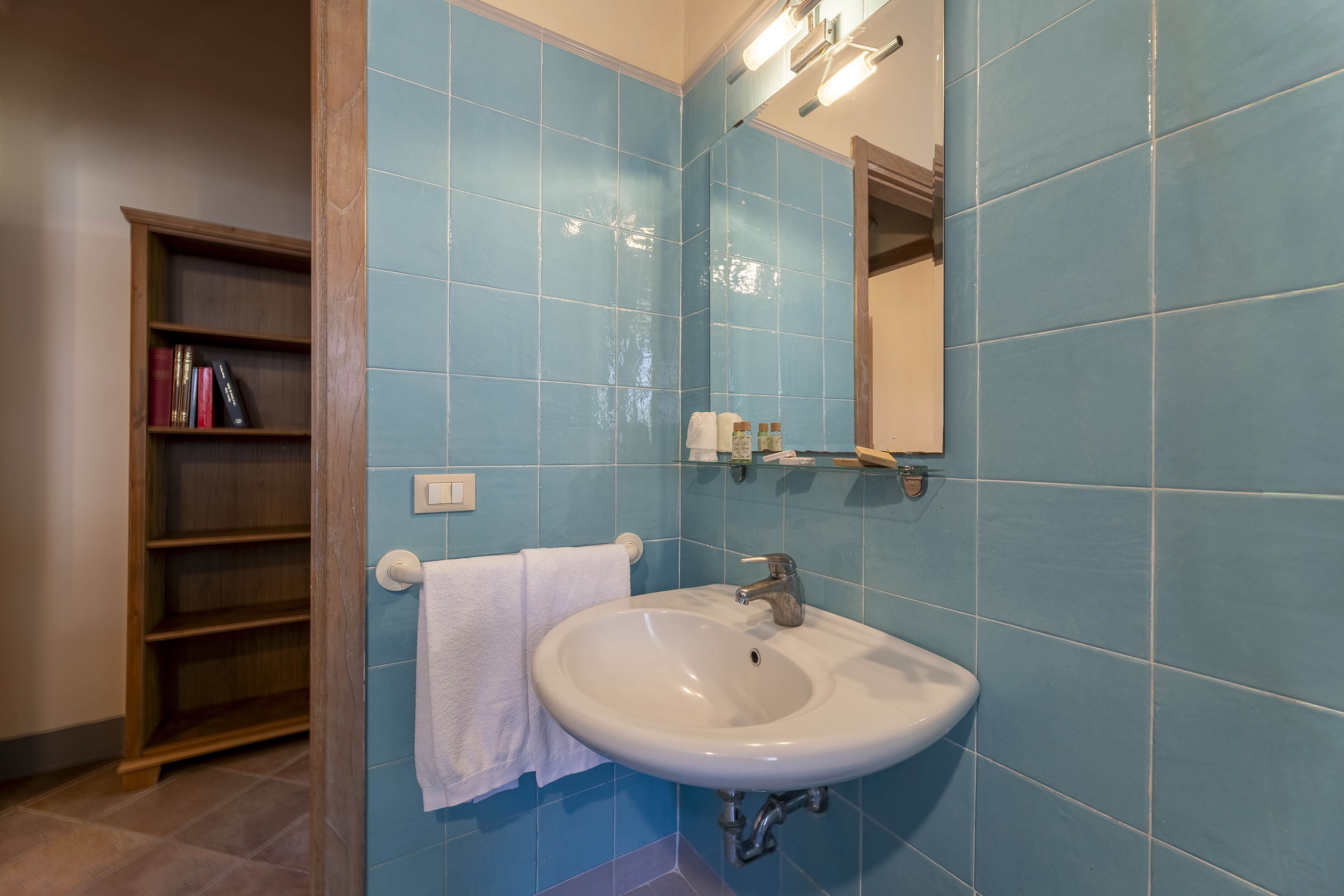 A bathroom with a white sink, blue tiles, a wooden shelf with books, and a towel hanging on the wall.