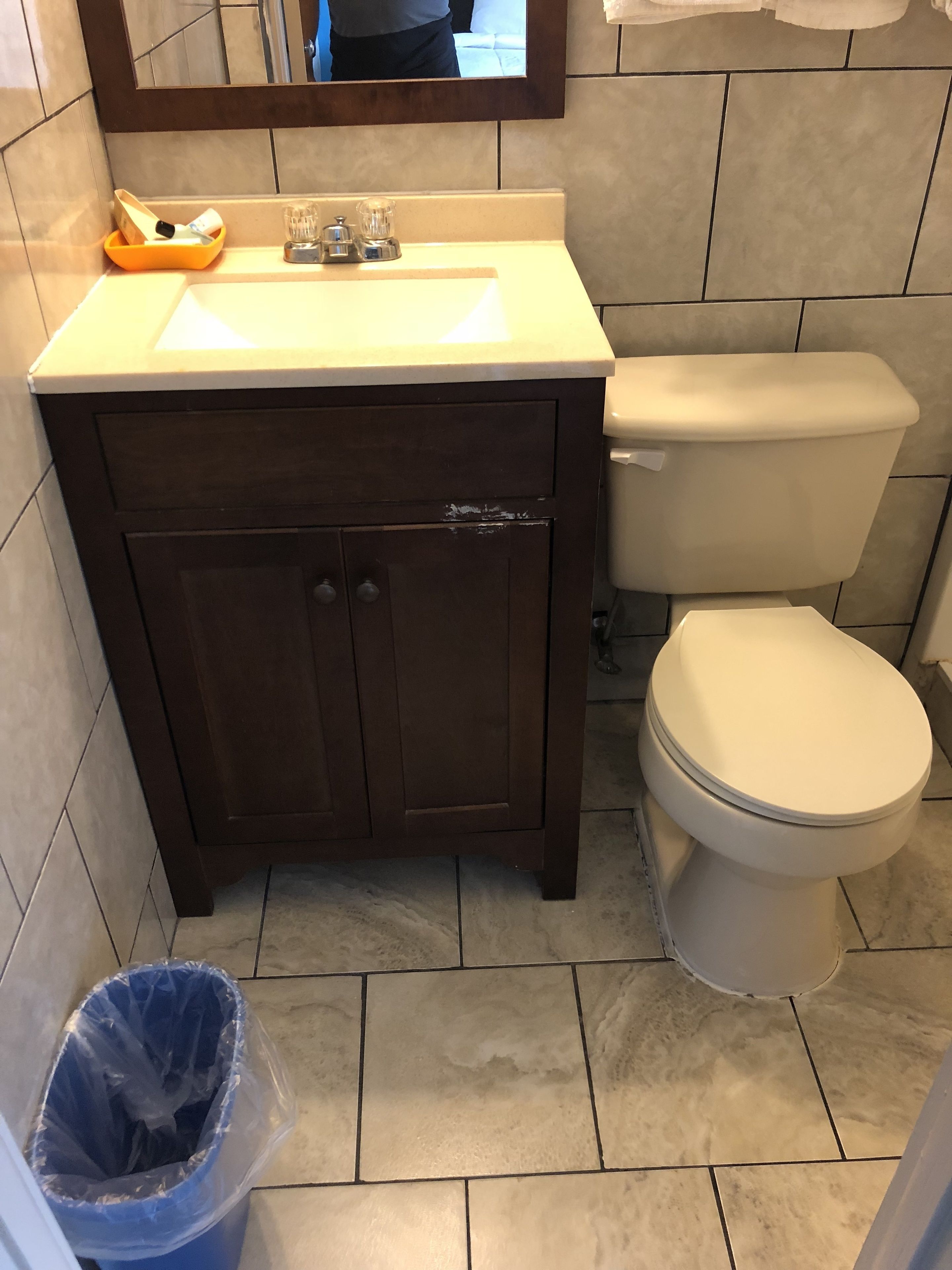 Ein Badezimmer mit einem dunklen Holzwaschtisch, einem weißen Waschbecken und einer Toilette.
