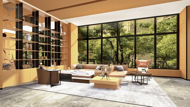 Una sala de estar moderna con un ventanal grande, una estantería y un espacio de descanso con sofá y sillones.
