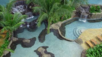 15 outdoor pools, pool loungers