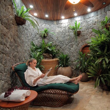 A spa area with a stone wall, wooden ceiling, and various potted plants.