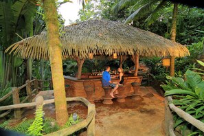 A thatched-roof structure with seating around it, a wooden bridge, and a bar area with bottles.