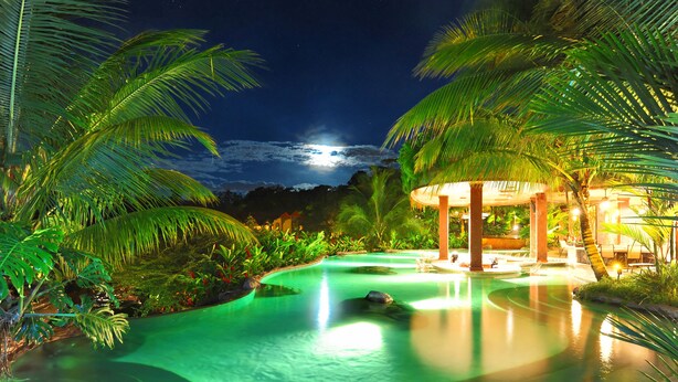 Un área de piscina nocturna con palmeras y un pabellón.