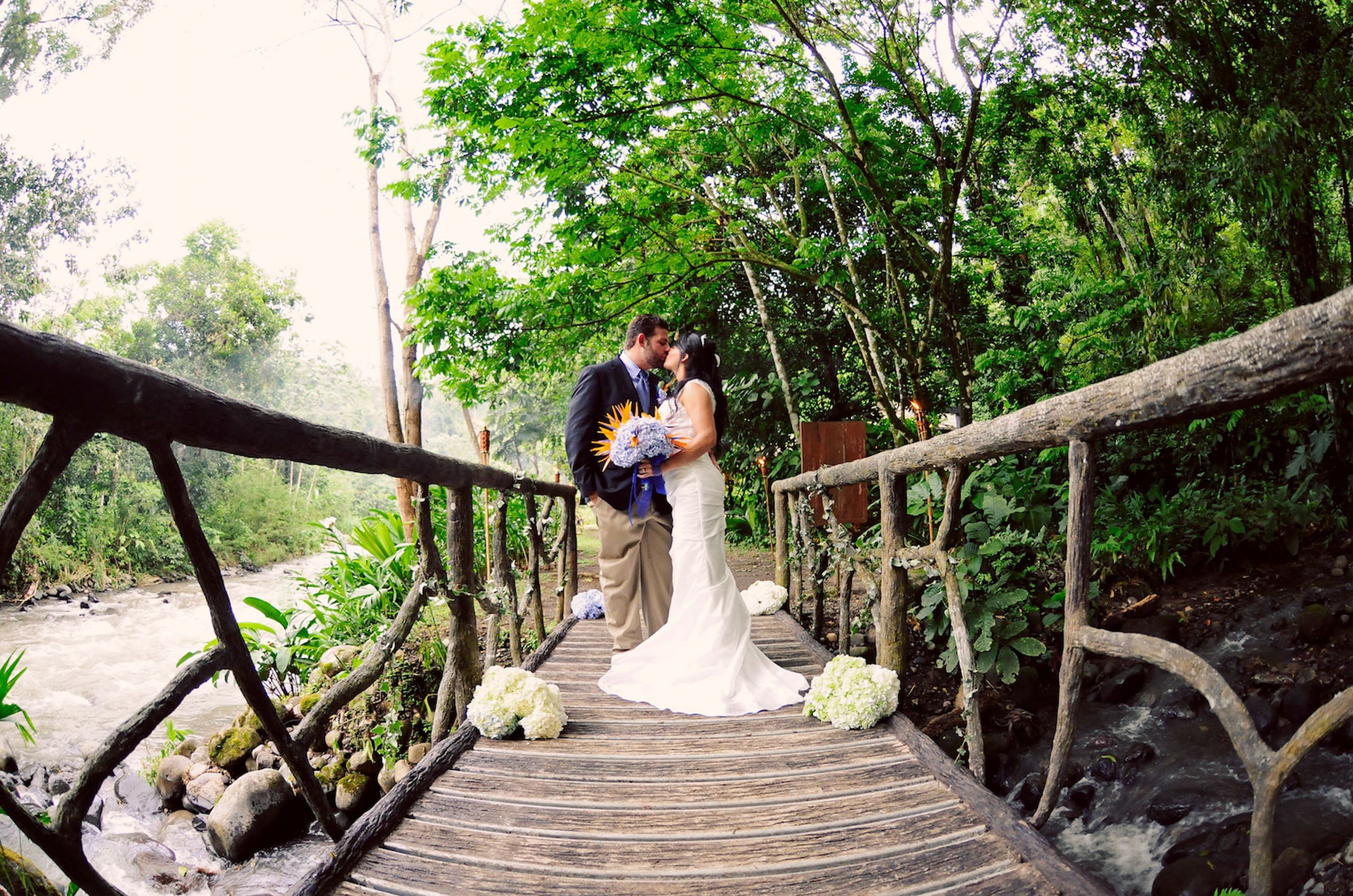 A wooden bridge with railings, surrounded by lush greenery and a flowing stream.