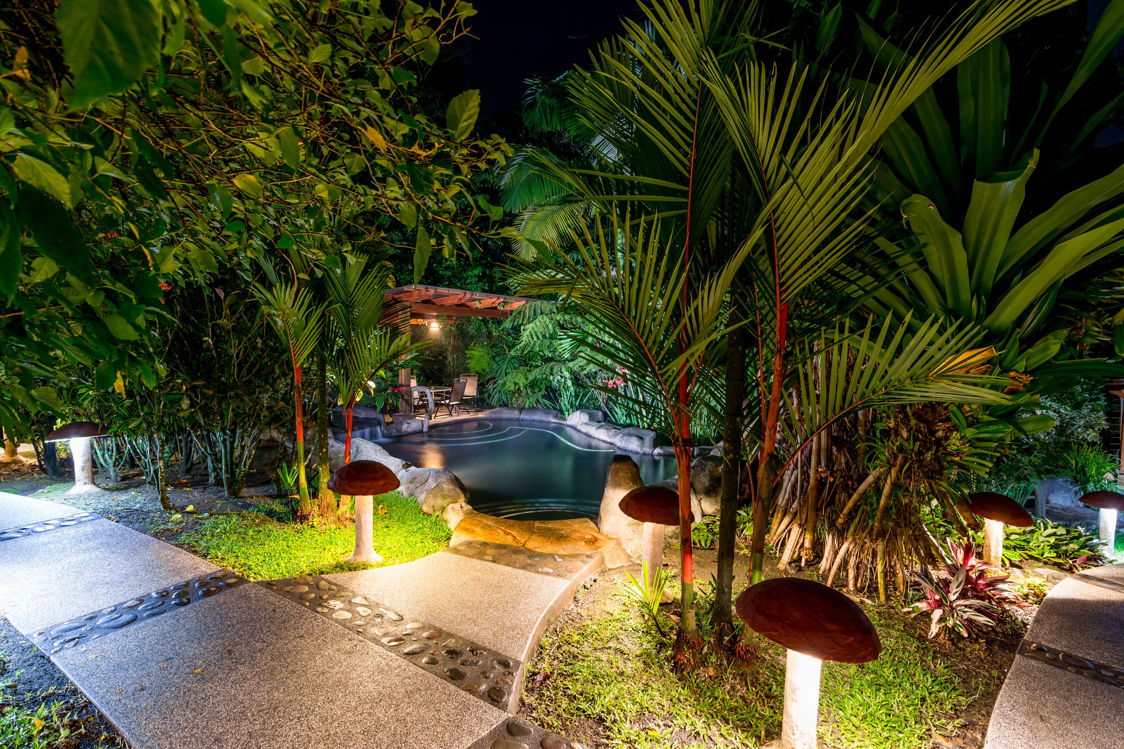 A well-lit garden with a swimming pool, stone pathways, and tropical plants.