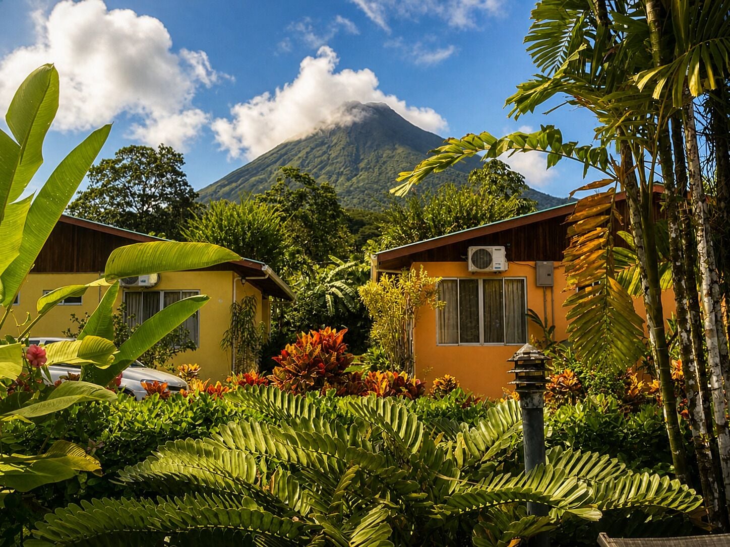 A tropical resort with two yellow buildings, lush greenery, and a mountain in the background.