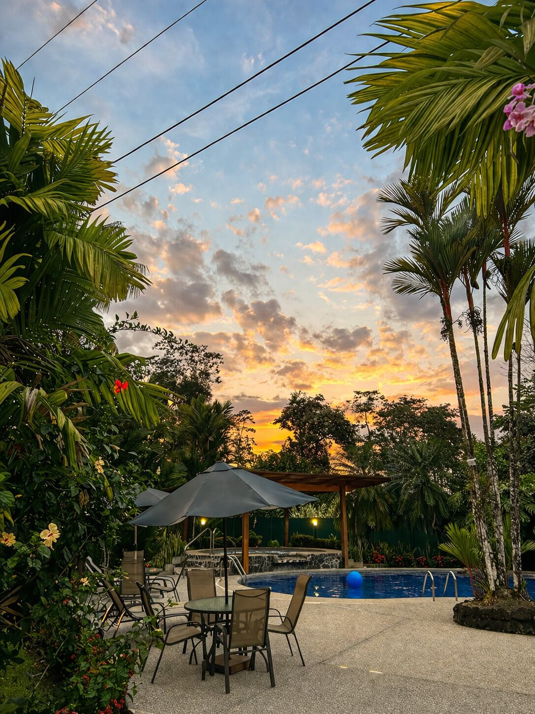 An outdoor seating area with a pool, surrounded by tropical plants and a sunset sky.