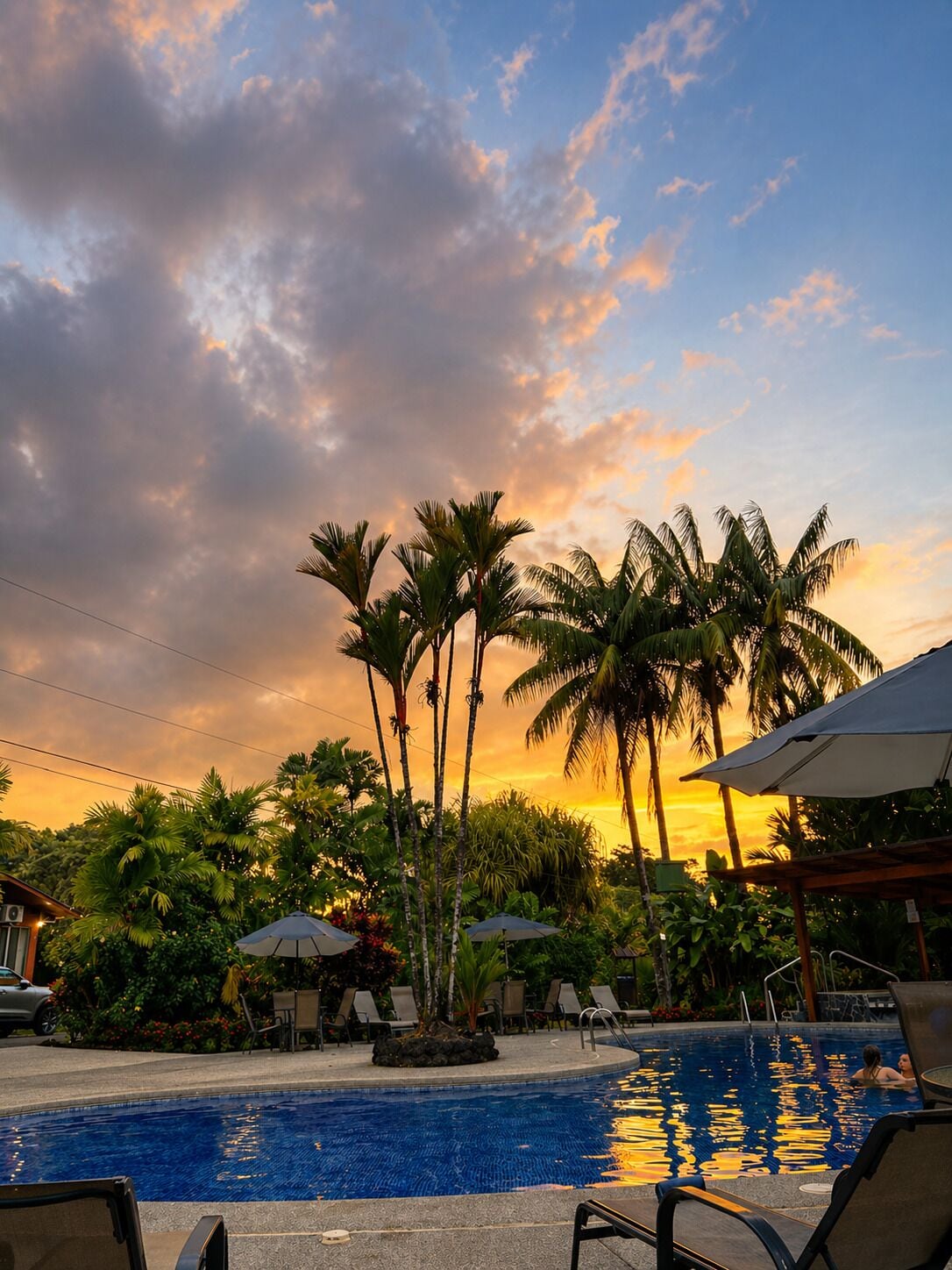 A swimming pool with lounge chairs and umbrellas, surrounded by palm trees and a sunset sky.