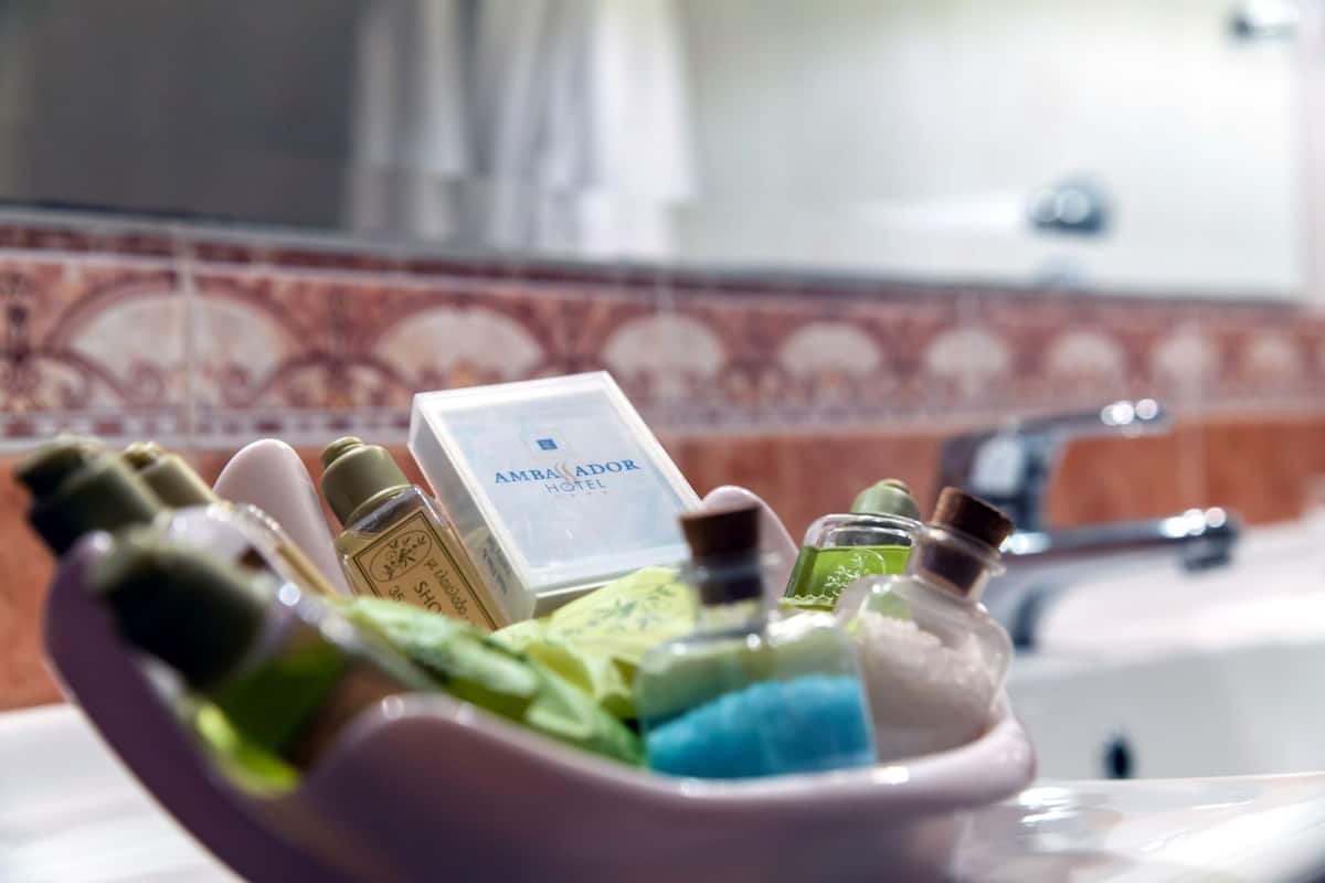 free toiletries, hair dryer, towels