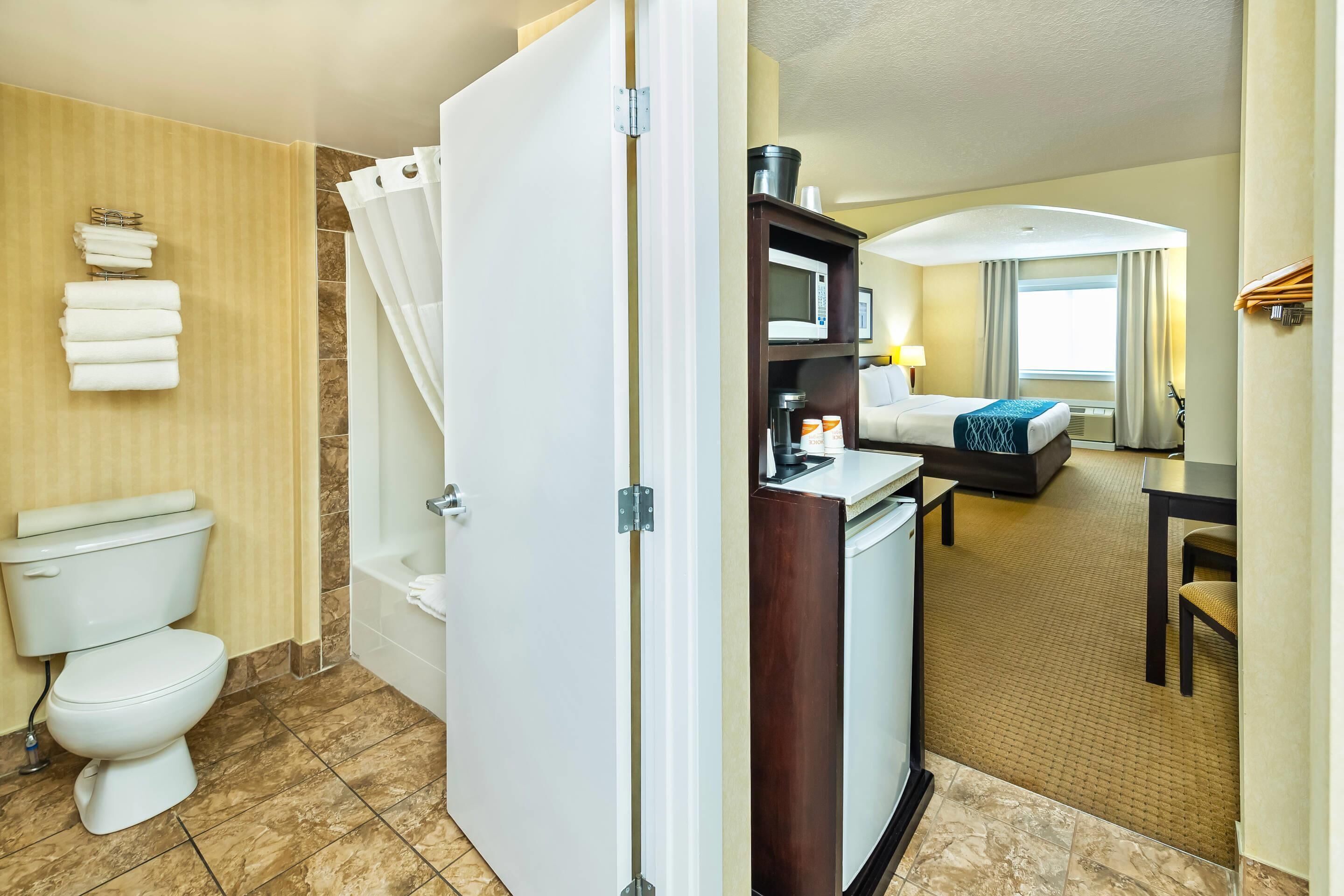A hotel bathroom with a toilet, shower, and a sink area with a microwave.