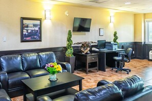 A hotel lobby with leather sofas, a desk with a computer, a flat-screen TV, and decorative plants. - Comfort Inn & Suites Edson - Yellowhead Highway (Edson)