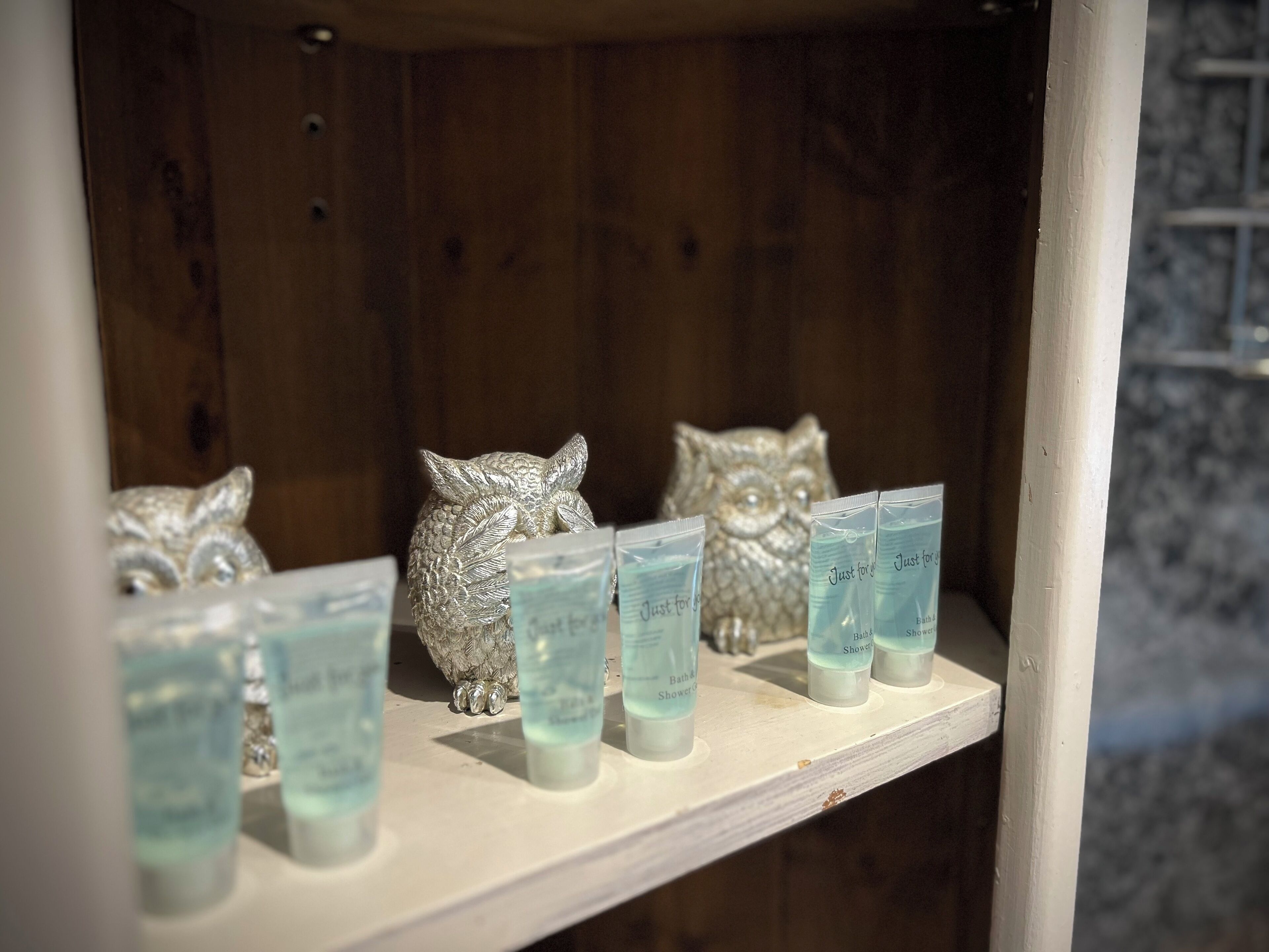 Estante con figuras decorativas de búhos y varias botellas etiquetadas como "Just for Bath & Shower".
