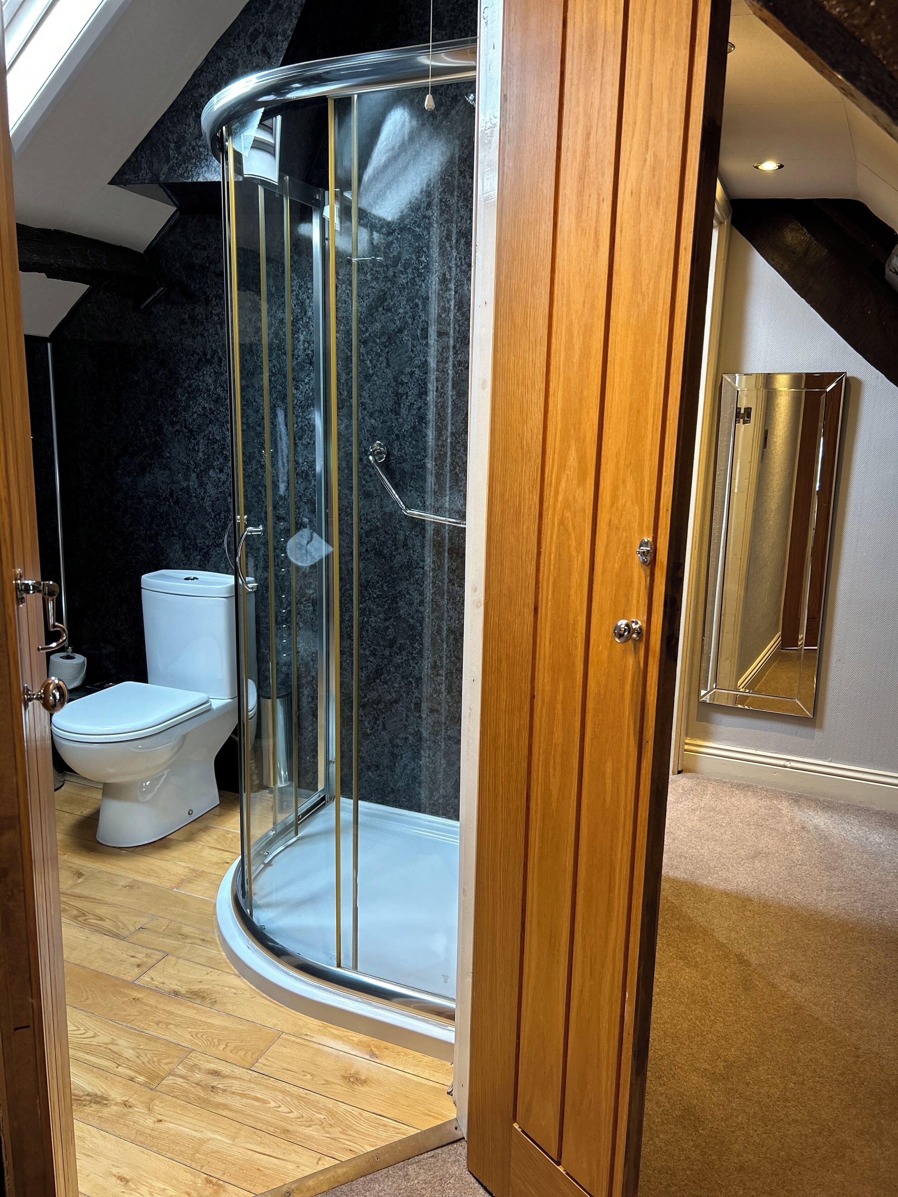 A modern bathroom with a glass shower enclosure, a toilet, and a wooden vanity.